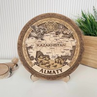 Тарелка деревянная 3D темная Карта 20 см. Алматы