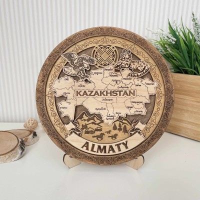 Тарелка деревянная 3D темная Карта 20 см. Алматы