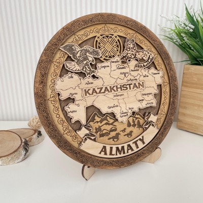 Тарелка деревянная 3D темная Карта 20 см. Алматы