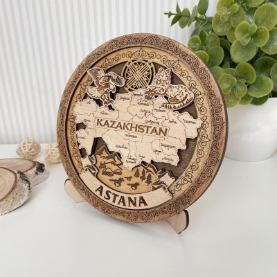 Тарелка деревянная 3D темная Карта 15 см. Астана