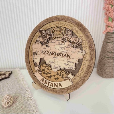 Тарелка деревянная 3D темная Карта 20 см. Астана