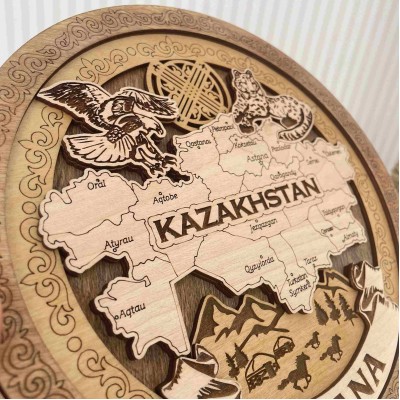 Тарелка деревянная 3D темная Карта 20 см. Алматы
